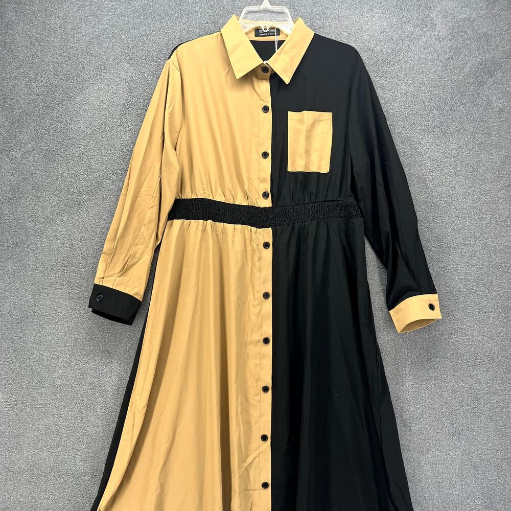 Bloomchic Dress Womens Plus 1X 14 16‎ Black Brown Button Up Collar Long Sleeve